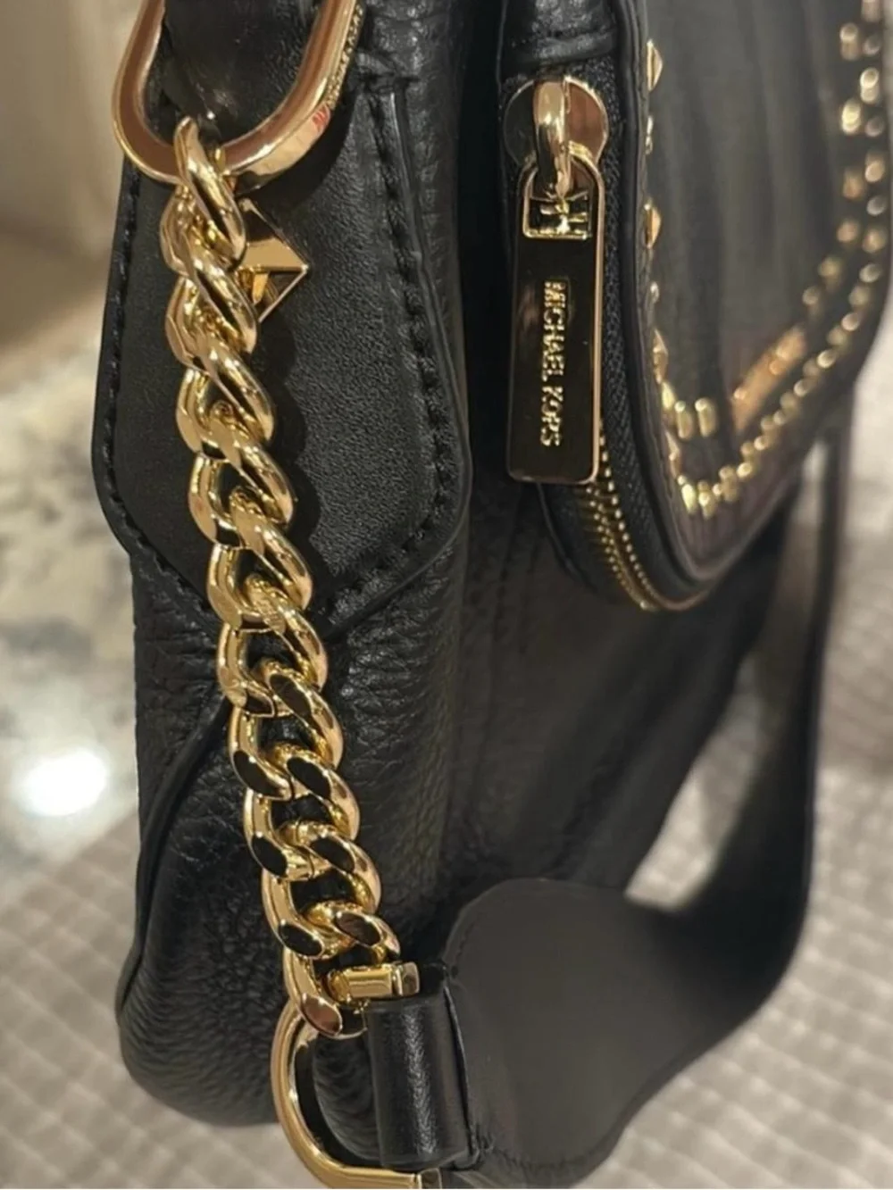 Michael Kors Aria Black Leather Studded Shoulder Bag with Gold Hardware
